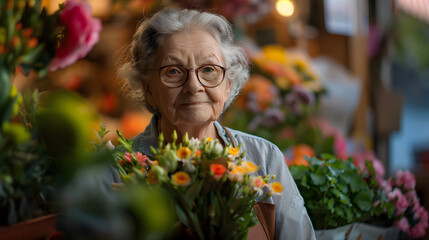 An elderly florist with glasses and an apron stands against a flower shop background