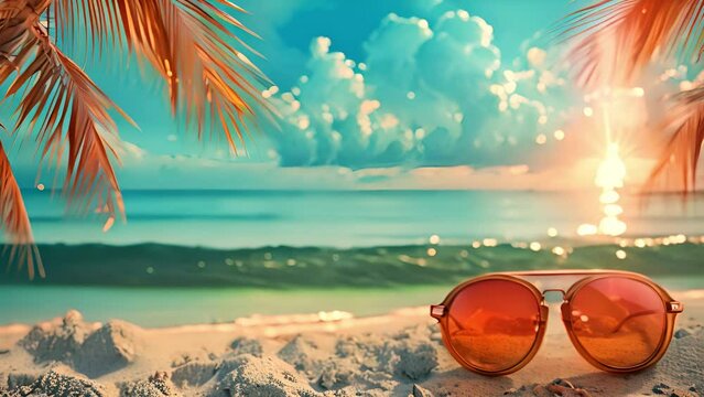 Tropical beach with sea star on sand, summer holiday background. Travel and beach vacation, free space for text. Summer concept sunglasses,hat and shells sunlight shining 4k video