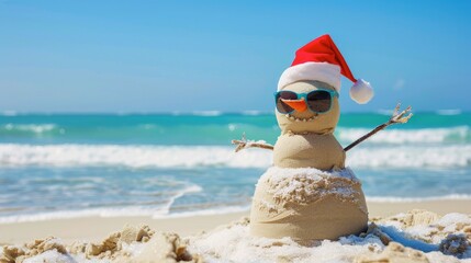 A snowman made of sand on the beach, wearing sunglasses and Santa hat