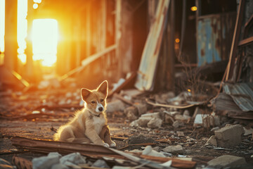 A poor little homeless puppy sits amongst the ruined buildings. - obrazy, fototapety, plakaty