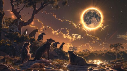 Animal watching total solar eclipse - obrazy, fototapety, plakaty