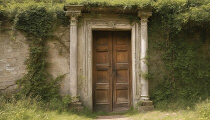 An antique wooden door set in a stone doorway, overgrown with lush greenery, invoking a sense of history and mystery