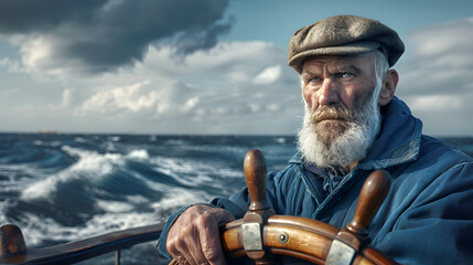 Fototapeta premium An elderly sailor with a beard and a sailor’s cap stands against a sea background