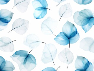 Cyan flower petals and leaves on white background seamless watercolor pattern spring floral backdrop