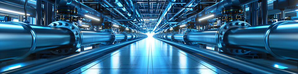 Industrial pipelines in a modern factory. Engineering, manufacturing, and industrial architecture concept. Design for corporate report, industry brochure, technical background
