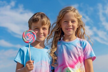 siblings, brother and sister posing in pastel t-shirts against the blue sky. National siblings day