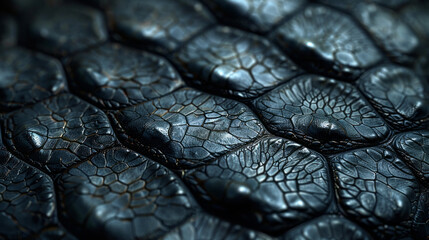 Extreme close-up macro shot of a black crocodile leather texture, highlighting the glossy scales and ridges in high detail, exuding exotic luxury - obrazy, fototapety, plakaty