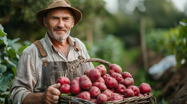 Portrait of a farmer holding a basket of red potato's with a big space for text or product advertisement, Generative AI.