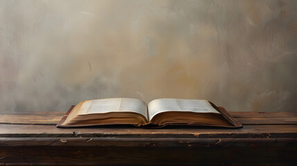 An open book lying on a wooden table against a beige background