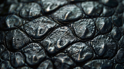 Extreme close-up macro shot of a black crocodile leather texture, highlighting the glossy scales and ridges in high detail, exuding exotic luxury