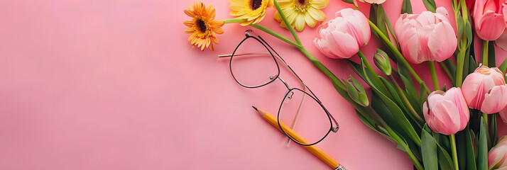 Blooming flowers, rimless glasses and mechanical pencil on a pink chalkboard background with copy space for Teacher’s Day or Women’s Day concept - obrazy, fototapety, plakaty