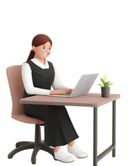 Professional woman working on laptop in modern office, isolated on a white background, png.
