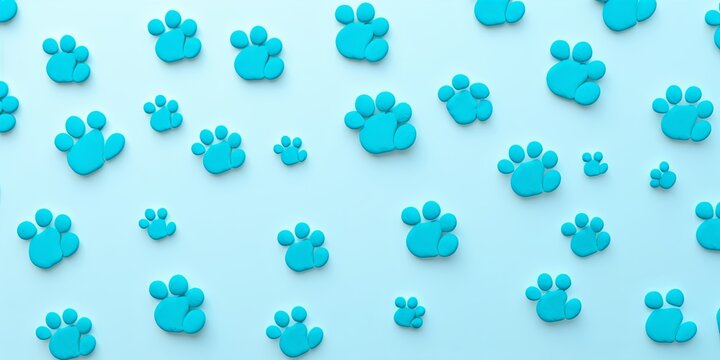 Cyan paw prints on a background, minimalist backdrop pattern with copy space for design or photo, animal pet cute surface 