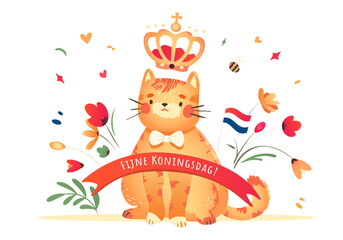 Koningsdag or King Day with orange cat and crown encircled with tulips. Birthday of Willem-Alexander. Holiday in the kingdom of Netherlands on 27 april. Vector illustration.