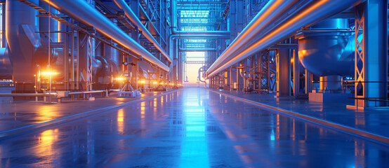 Industrial pipelines in a modern factory. Engineering, manufacturing, and industrial architecture concept. Design for corporate report, industry brochure, technical background