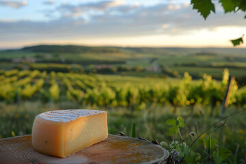 Artisan cheese, wooden board, vineyard, sunset. Selective focus