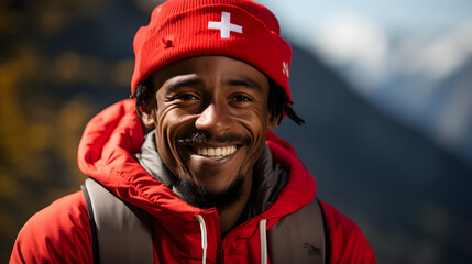 Fototapeta premium Cheerful Swiss citizen with Swiss flag and stunning Alps backdrop, radiating Swiss hospitality.