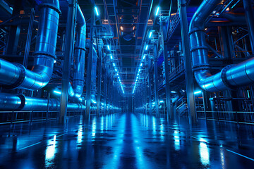 Industrial pipelines in a modern factory. Engineering, manufacturing, and industrial architecture concept. Design for corporate report, industry brochure, technical background