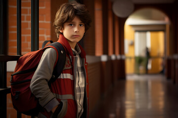 Boy with backpack at school. - obrazy, fototapety, plakaty