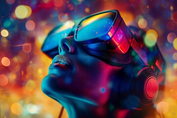 A vibrant scene with a woman immersed in a virtual reality environment, colorful lights surrounding her.