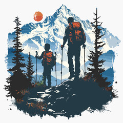 A Silhouette Of A father and son hiking up Cartoon Vector   - obrazy, fototapety, plakaty