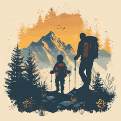 A Silhouette Of A father and son hiking up Cartoon Vector   - obrazy, fototapety, plakaty