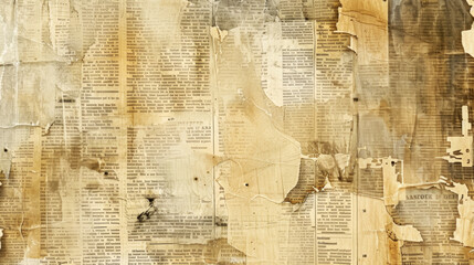 Textured collage template made from torn yellowed newspaper pieces with not readable text and print. Vintage paper background