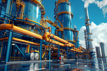 Industrial pipelines in a modern factory. Engineering, manufacturing, and industrial architecture concept. Design for corporate report, industry brochure, technical background - obrazy, fototapety, plakaty
