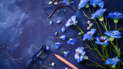 magical background for Mother’s Day with blue flowers, glasses and pencil on a purple chalkboard surface, creating space to add text or images