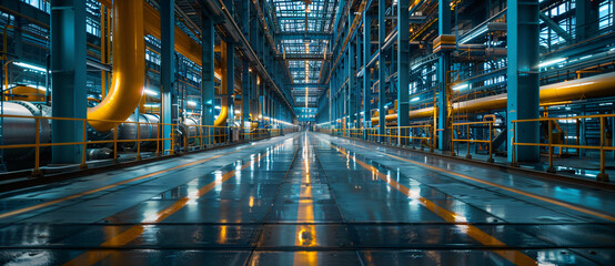 Fototapeta premium Industrial pipelines in a modern factory. Engineering, manufacturing, and industrial architecture concept. Design for corporate report, industry brochure, technical background