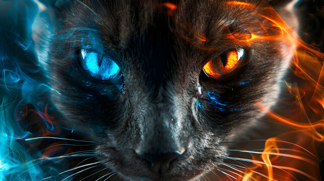 Astral magical fire ice black cat face close up hd desktop wallpaper