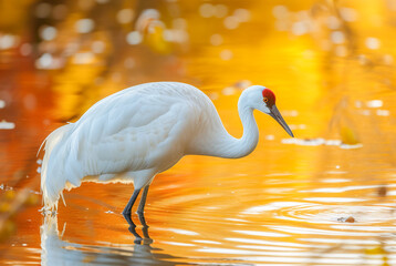 Fototapeta premium Whooping Crane Chionis albus on the river at sunrise