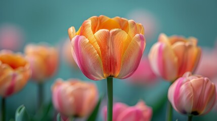   Pink and yellow tulips with green stems in the foreground contrast beautifully against a blue sky in the background