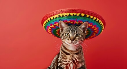 A cat in a sombrero on a red background