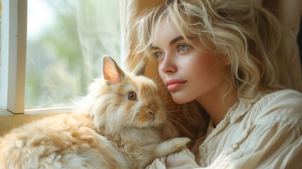 Serene young woman with a fluffy rabbit, gazing out a window with soft natural light highlighting their gentle expressions, conveying a sense of peace and companionship.