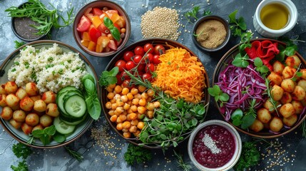   A bowl-topped table displaying various types of food alongside sauces and condiments - obrazy, fototapety, plakaty