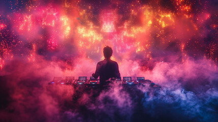 Silhouette of a DJ at a mixing console with a vibrant display of fireworks and colorful smoke in the background, creating an energetic and festive atmosphere.