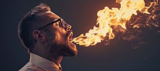 A businessman spitting fire from his mouth