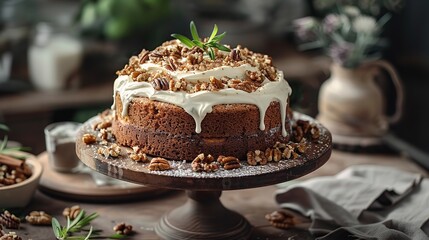 Close shot of a carrot cake decorated with peanuts and a clean plate kept on a wooden backdrop, Generative AI.