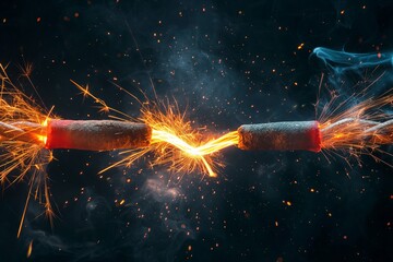 Sparking fuse connection symbolizing power, energy transfer, or ignition on a dark background with vibrant orange sparks.