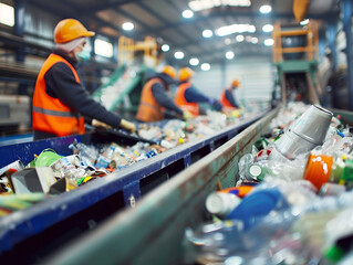 Sorting recyclables on a conveyor belt against the background of workers - obrazy, fototapety, plakaty