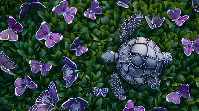 Shiny silver turtles arranged as purple butterflies on a green meadow