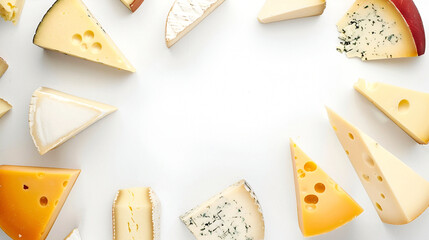 A frame of various slices of cheese on a white background, copy space - obrazy, fototapety, plakaty