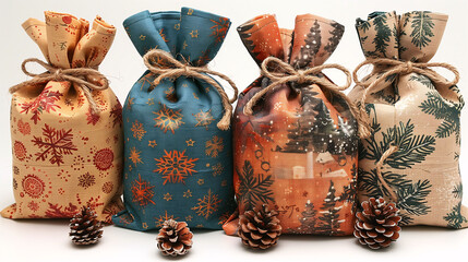 Five festive fabric gift bags with seasonal patterns tied with twine, accompanied by pine cones, against a white background. Ideal for holiday-themed designs and decorations. - Powered by Adobe