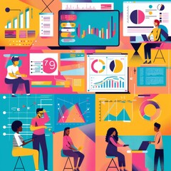 A dynamic illustration of a diverse team engaged in data analysis with interactive graphs and charts in a bright, modern office setting.
