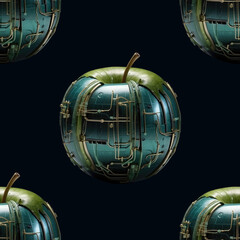 seamless pattern of a cyber apple with electrical connections on dark background to use as a texture for packaging, fabric, wallpaper, clothing - ai generative image