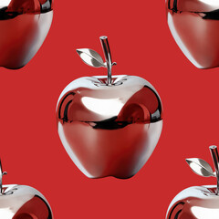 seamless pattern with a shiny chrome apple on red background to use as texture for packaging, fabric, wallpaper, clothing