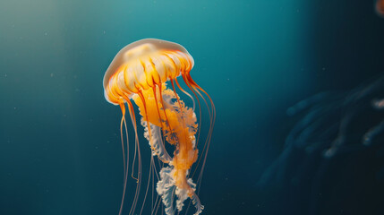 A jellyfish with orange hues glides through the dark blue ocean depths.