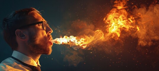 A businessman spitting fire from his mouth - obrazy, fototapety, plakaty