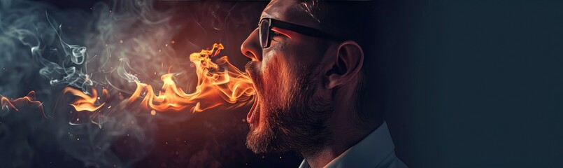 A businessman spitting fire from his mouth - obrazy, fototapety, plakaty